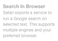 Search In Browser
Safari exports a service to run a Google search on selected text. This supports multiple engines and your preferred browser.